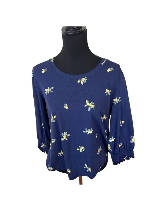 Cuddl Duds Tops - Cuddl Duds Womens Topn Lemon Print Navy Blue 3/4 Sleeve Shirred Cuffs Medium